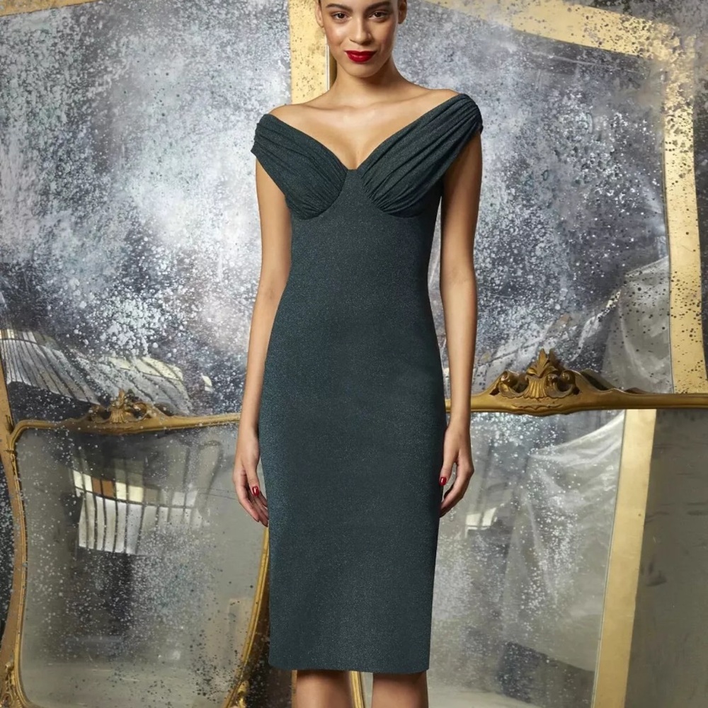Chiara Boni Kohavani Sugar Lurex Zip Dress Size 8 Forest Green MSRP$750